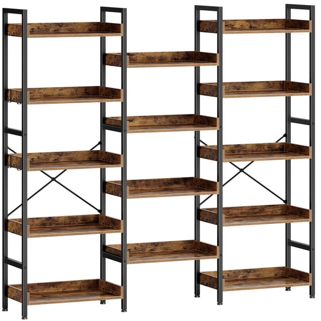 Rolanstar Bookshelf 5 Tiers, Triple Bookcase with Open Display Shelves, Industrial Wide Bookshelf with Metal Frame for Living Room, Office, Rustic Brown