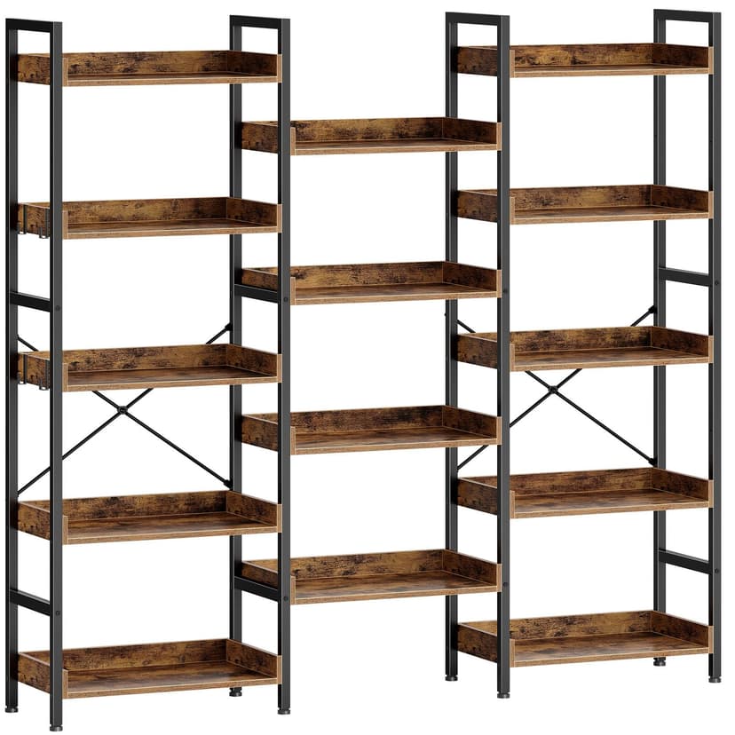 Rolanstar Bookshelf 5 Tiers, Triple Bookcase with Open Display Shelves, Industrial Wide Bookshelf with Metal Frame for Living Room, Office, Rustic Brown