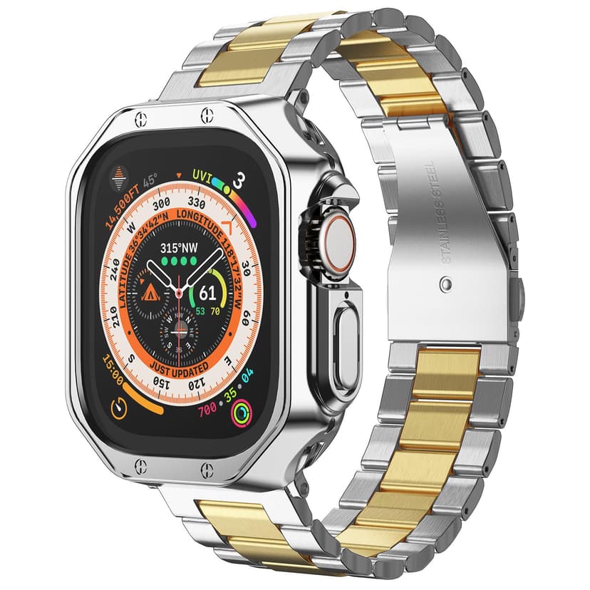 Compatible with Apple Watch Ultra 3/2/1 Band and Case, Stainless Steel Metal Chain with TPU Cover, Smart-Watch Link Bracelet Strap for men, Wrist-Band for i-Watch Ultra, 49mm, Silver+Gold