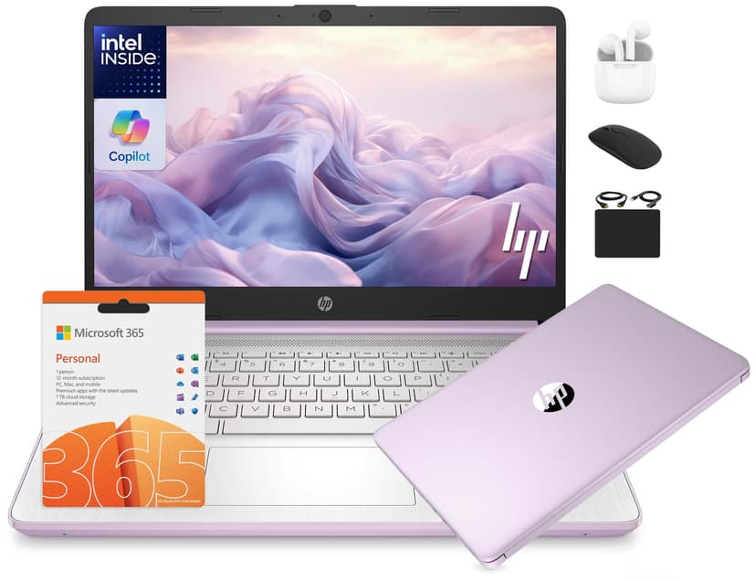 HP 14 Laptop Student Business 2025 Flagship Computer, AI Copilot, 4-Core 13th Gen Intel CPU, 16GB RAM 628GB Storage (128GB UFS+500GB Ext) 1-Yr Office 365 Long Battery HubxcelAccessory Win 11S Lavender