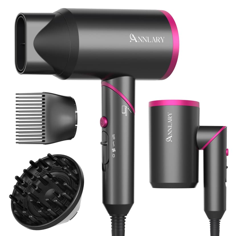ANNLARY Hair Dryer with Comb | 1800W Blow Dryer with Diffuser for Curly Hair | Plasma Ionic Hairdryer for Frizz Control | Foldable & Protable Design for Travel | 6.5 ft ALCI Cord for Women and Men