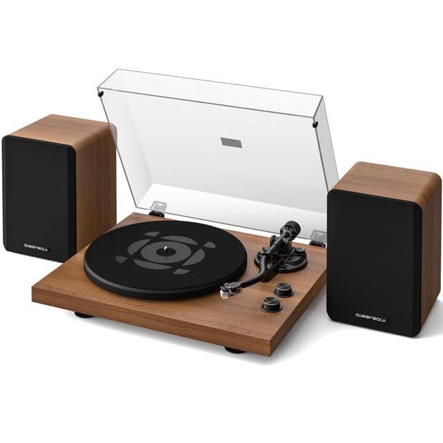 QLEARSOUL SoulBox S1 Vinyl Record Player with Stereo Speakers, Turntable with Built-in Preamp, S-Shaped Tonearm, 33/45 RPM - Walnut