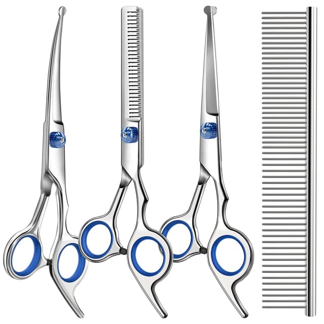 Professional 4 in 1 Dog & Cat Grooming Scissors Kit with Safety Round Tips,Sharp & Durable,Dog Shears for Grooming - Includes Straight, Curved, Thinning Scissors and Comb - Premium Pet Supplies