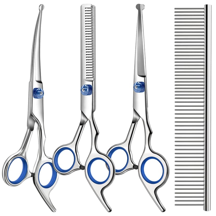Professional 4 in 1 Dog & Cat Grooming Scissors Kit with Safety Round Tips,Sharp & Durable,Dog Shears for Grooming - Includes Straight, Curved, Thinning Scissors and Comb - Premium Pet Supplies