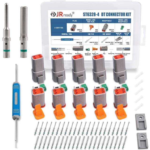 JRready Deutsch Waterproof Connector 4 Pin Connector Kits with 16 Solid Contacts(14-20AWG), ST6328-4 DT Series Connector 4 Pin 5 Sets and Deutsch Pin Removal Tool DRK-RT1B with Mounting Clips