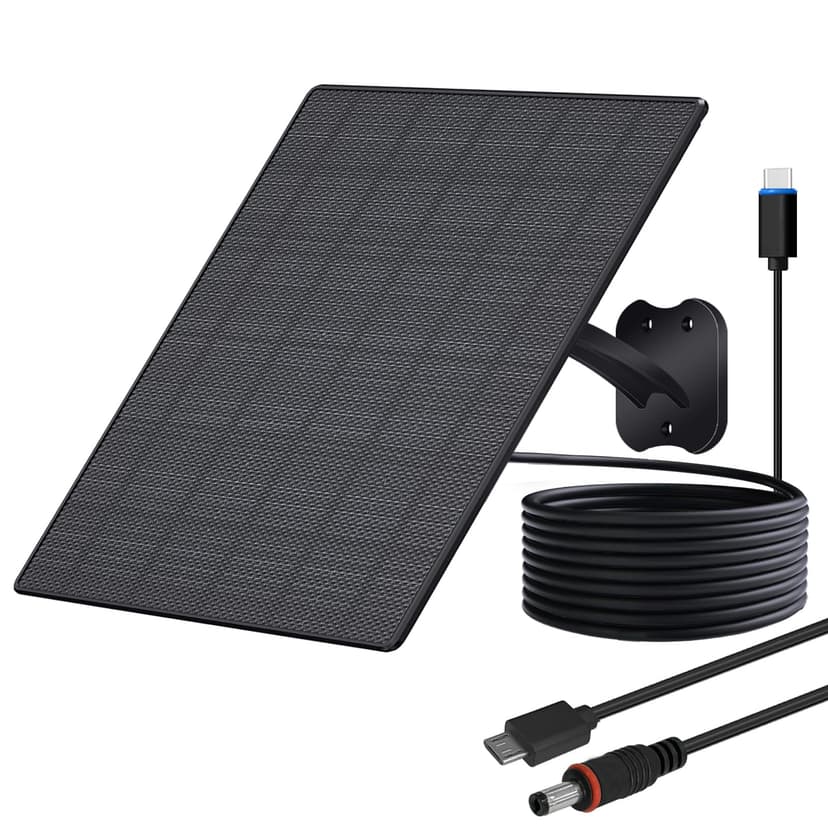 VUEBEE 10W Solar Panel for Security Cameras, 5V Outdoor Camera Solar Panel with USB-C Cable, DC 5.5x2.1mm & Micro USB Port, IP66 Waterproof with Adjustable Mount & 10FT Cable