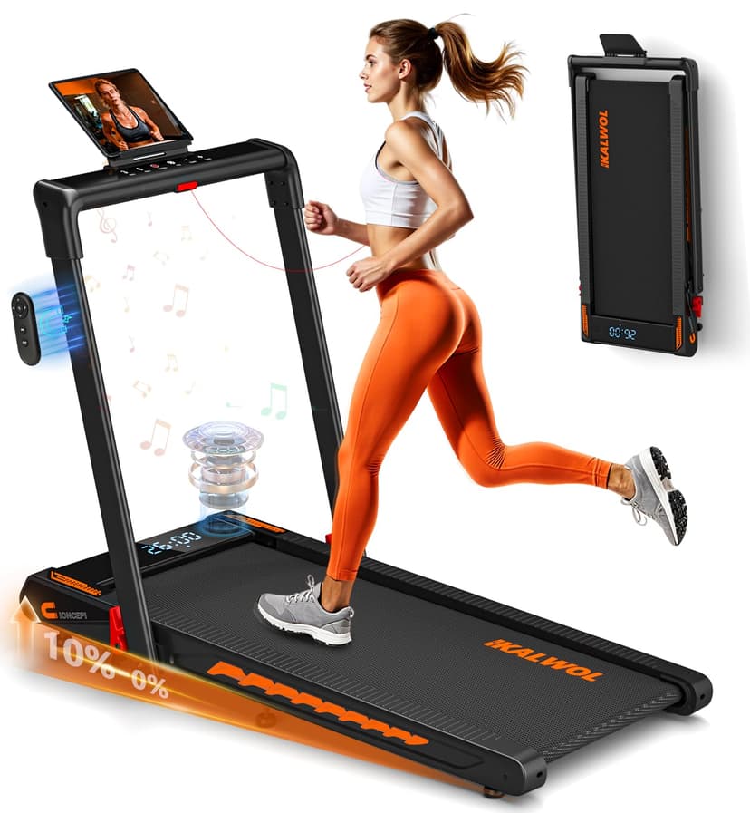 Treadmill with Speaker, 6-in-1 7.5MPH Foldable Treadmill for Home with App Compatible, Walking Pad with 10% Incline, LED Display, 3.0HP Brushless Drive, 350 LB Weight Capacity, 12 HIIT Programs
