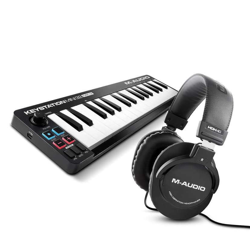 M-AUDIO Keystation Mini 32 MK3 MIDI Controller Bundle with Headphones for Studio Recording, Music Production, Podcasting, Streaming