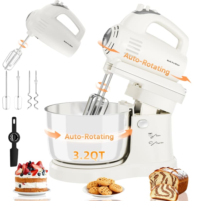 Stand Mixer Hand Mixer Kitchen Electric - 2-IN-1 3.2 QT Auto-Rotating Bowl & Beater Tilt-Head Small Standing Mixer, 250 Watt 5-Speed with Turbo Boost Household Mixer with Beaters & Dough Hooks