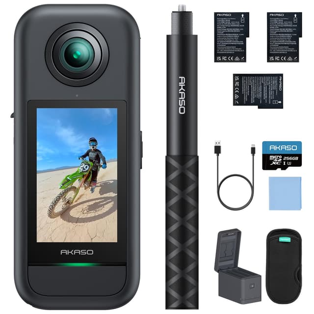 AKASO 360 Weatherproof 360° Action Camera - 5.7K 360 Video with 1/2" 48MP Sensors, 72MP 360 Photo, 360-SuperSmooth, Invisible Selfie Stick, 360° Horizon Lock, AI Tracking with 256GB MicroSD Card