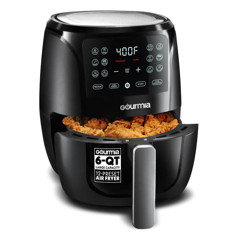 Gourmia Air Fryer - 6 Qt Large Capacity, FryForce 360º, Digital Display with 12 Presets, Roast, Bake, Broil, Dehydrate, Dishwasher Safe Accessories, Black