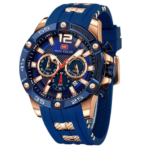 MINI Focus Men Watches Unique Casual Wristwatch (Chronograph/Waterproof/Luminous/Calendar/24 Hours) Silicon Band Fashion Watches for Men (Blue)
