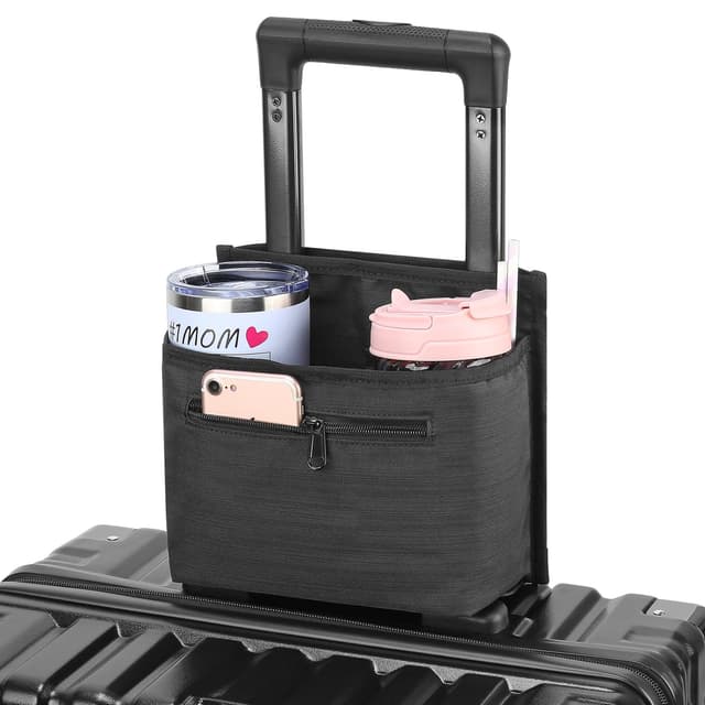 ZHCHG Luggage Travel Cup Holder Attachment for Suitcase Drink Carrier Caddy, Coffee Mug and Tumblers, Traveler Carry on Hands Free Accessory- Gifts for Flight Attendants Travelers Accessories- Black
