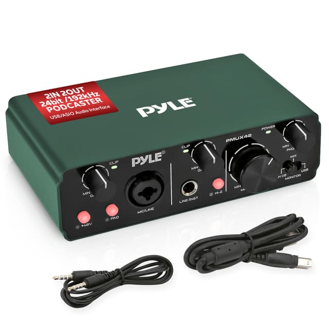 Pyle USB Audio Interface for Recording, Streaming & Podcasting – 2 Inputs 2 Outputs, 48V Phantom Power, 24bit/192kHz ASIO, Studio-Quality Sound, Rugged Metal Chassis - Compatible with Windows/Mac