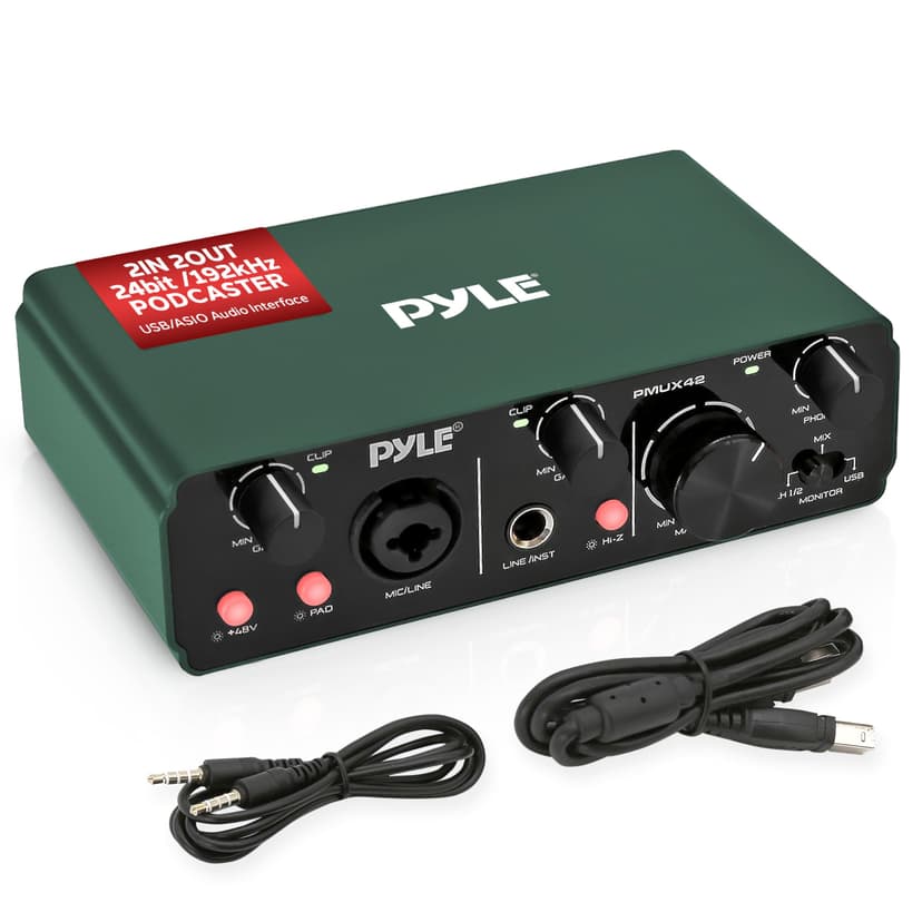 Pyle USB Audio Interface for Recording, Streaming & Podcasting – 2 Inputs 2 Outputs, 48V Phantom Power, 24bit/192kHz ASIO, Studio-Quality Sound, Rugged Metal Chassis - Compatible with Windows/Mac