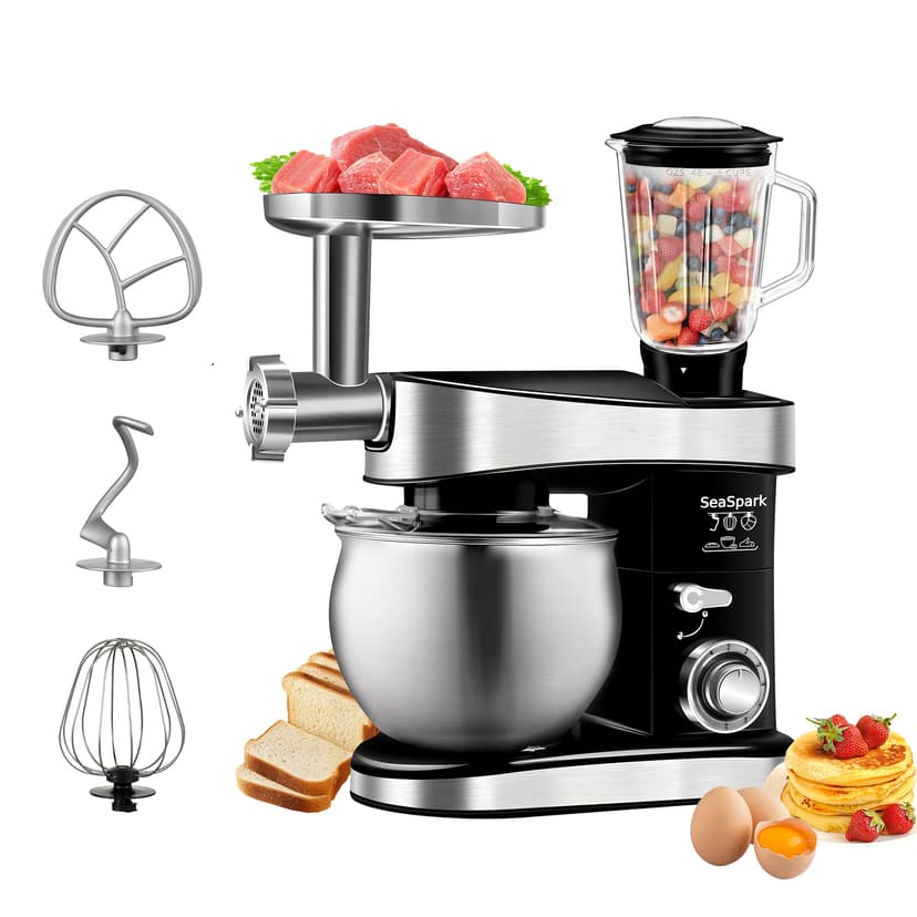 SeaSpark Multifunctional Stand Mixer, 6 in 1 Stand Mixer, 6.3Qt Tilt-head, Standing Mixer with Stainless Steel Bowl, Meat Grinder, Juice Blender, for professional Baking and Most Home Cooks, Black