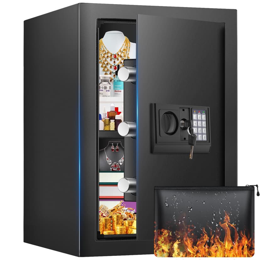 16.54 Inches Tall Safe Box, 2.5 Cuft Home Safe with Fireproof Waterproof Bag, Anti-Theft Digital Security Lock Box with Smart Alert System, Removable Shelf, Mute Function, Document Safes for Jewelry