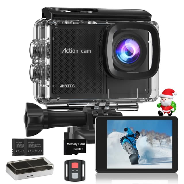 Camlance 4K 60FPS Action Camera with 64GB Card-48MP Waterproof Camera,40M Underwater Camera,8X Zoom,EIS Stabilization,WiFi,Remote Control,MotorcycleCamera with 2 Rechargeable Batteries