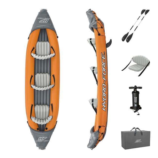 Bestway Hydro-Force 12'6" x 39" Rapid X3 Inflatable Kayak Set | Fits Up to 3 Persons | Includes 2 Aluminum Paddles, 1 Hand Pump, 2 Fins, 1 Carry Bag, Repair Patch Kit