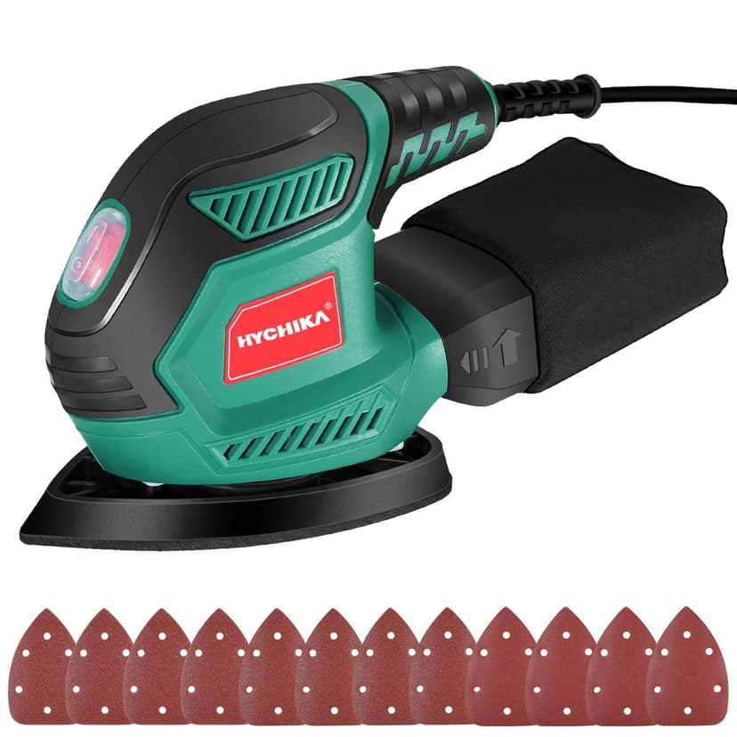 HYCHIKA Detail Sander, 14,000 OPM Compact Electric Sander Tool with 12 Pcs Sandpapers,Efficiency Dust Collection System,Suitable for Tight Spaces Sanding,Polishing,Removing Paint in Home Decoration