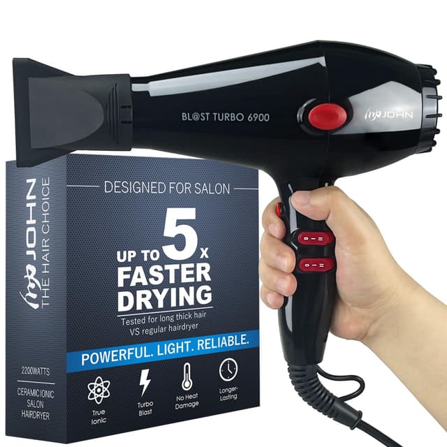 JOHN Professional Hair Blow Dryer, Fast Drying Powerful 2200W, Ionic for No Damage to Hair, Blast Turbo 6900, Black