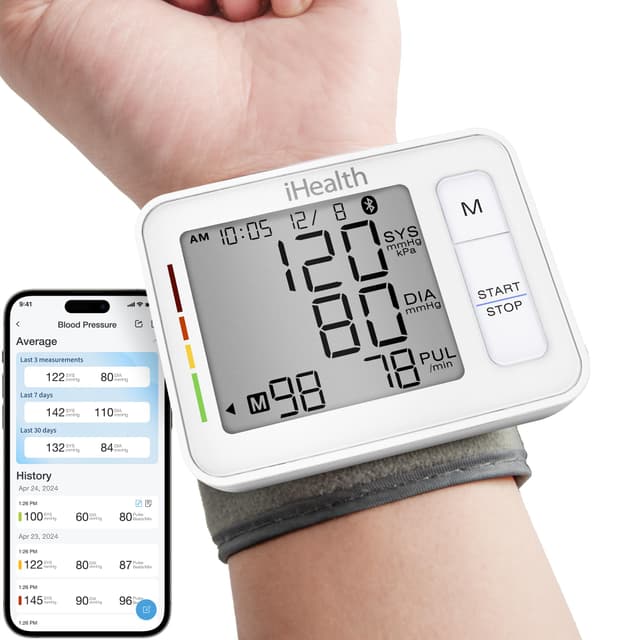 iHealth Push Wrist Blood Pressure Monitor, Digital Bluetooth Blood Pressure Machine with Large Display and Portable Carrying Case for at Home and Travel Use