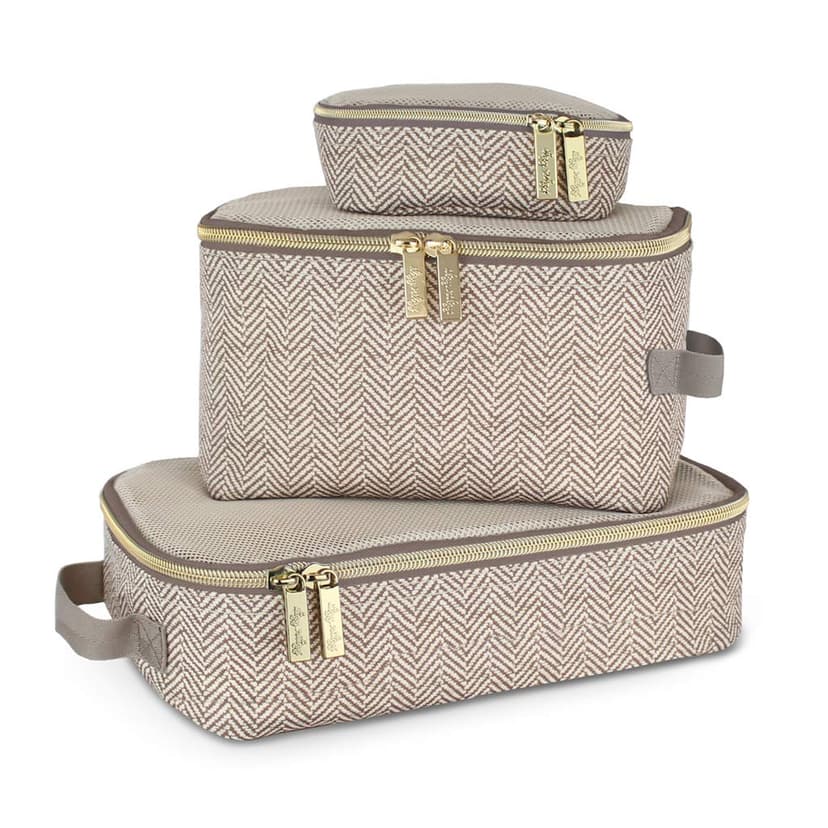 Itzy Ritzy Packing Cubes for Travel – Set of 3 Packing Cubes or Travel Organizers – Each Cube Features a Mesh Top, Double Zippers and a Fabric Handle (Taupe)