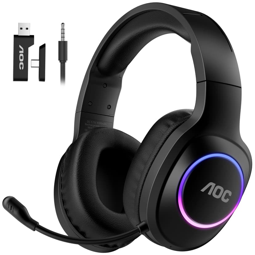AOC Wireless Gaming Headset Compatible with PS5/4, Nintendo Switch, PC, Bluetooth 5.4 & 2.4GHz Gaming Headphones with Noise Canceling Mic, RGB, Type-C, 20ms Latency, 45H, 7.1 Virtual Surround- Black