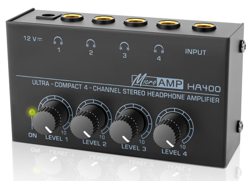 HA400 Headphone Amplifier -4 Channel Metal Stereo Audio Amplifier, Mini Earphone Audio Amplifier with 12V 1A Power Adapter, 1/4" TRS Headphones Output and TRS Audio Input for PC Guitar Studio Stage