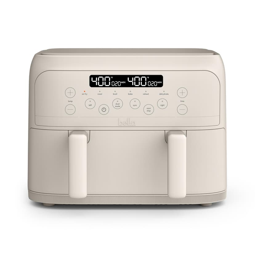 bella 4 Qt TriZone Air Fryer, EverGood™ Ceramic Nonstick Coating, Dual Basket Design w Removable Divider, Digital Touchscreen Control w 6 Preset Cooking Options, 1200 Watt, 3lb Capacity, Oatmilk