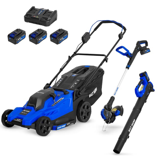 BILT HARD 17'' 40V Cordless Push Lawn Mower, 12'' String Trimmer and Leaf Blower Combo Set, Electric Lawn Mower Set with 3 x 4.0Ah Batteries and Dual Charger