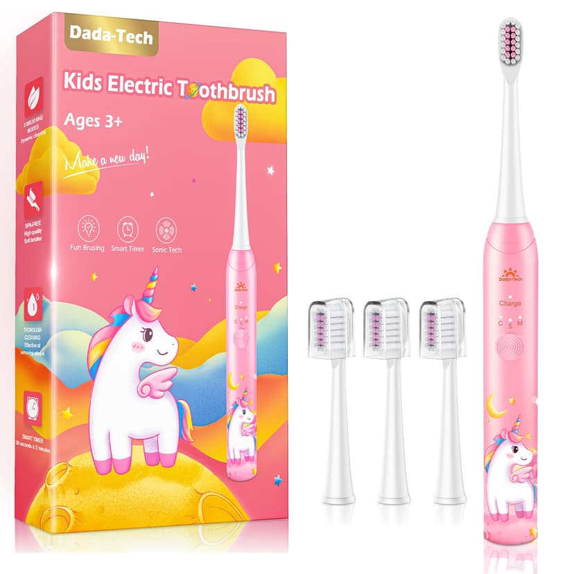 Kids Toothbrush Electric Girls Electric Toothbrush Rechargeable Age 3-5-6-12-18 Year Old, 3 Modes 4 Vibrating Heads Habit-Forming Stickers 31000VPM Girls Toothbrush (Unicorn Pink)