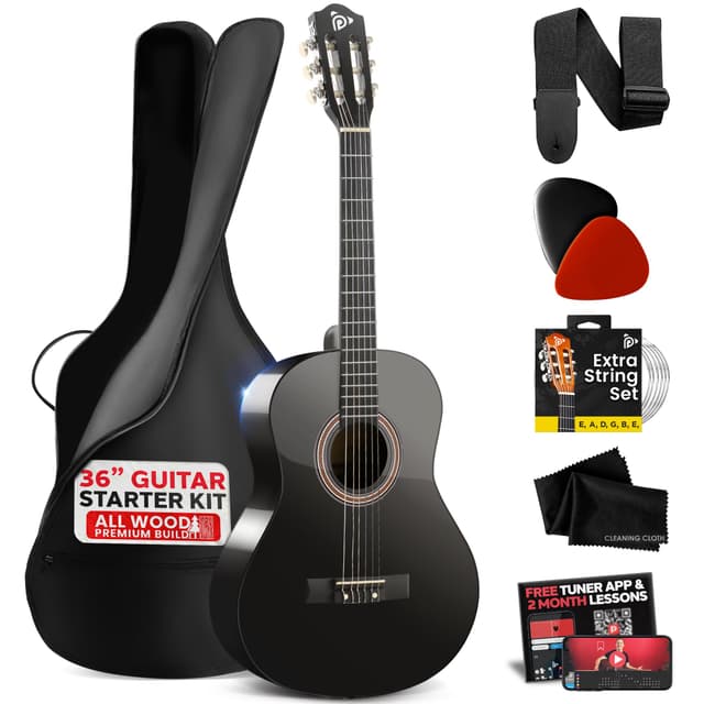 Pyle Beginner Acoustic Guitar Kit, 3/4 Junior Size All Wood Instrument with Full Accessory Kit, Picks, Shoulder Strap, Carry Case, Cleaning Cloth, Tuner App, 2 Month Lessons, 36” (Black Gloss)