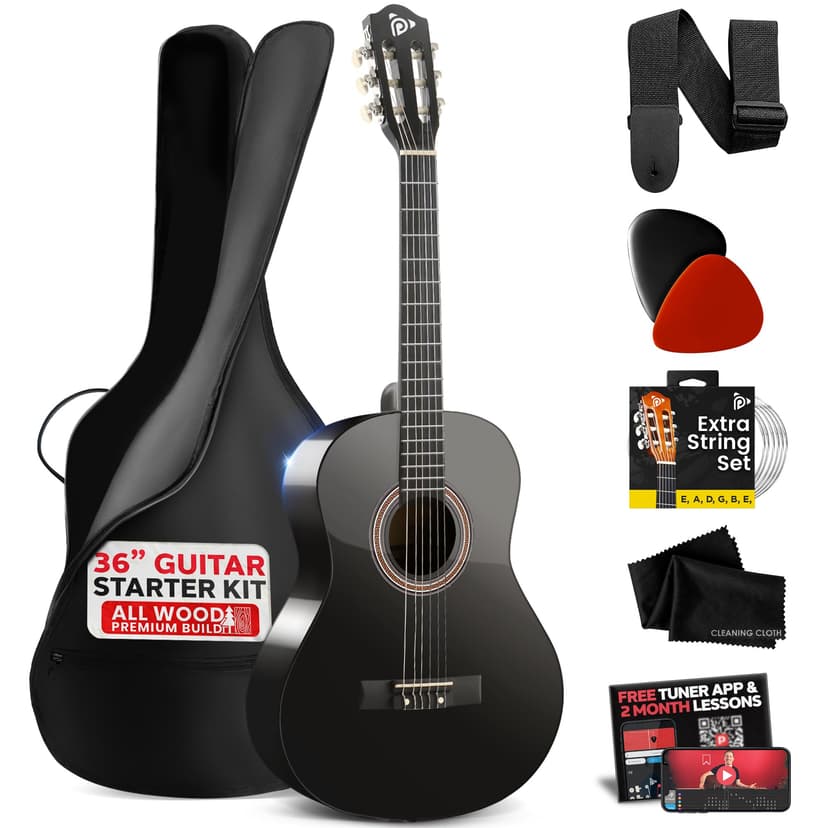 Pyle Beginner Acoustic Guitar Kit, 3/4 Junior Size All Wood Instrument with Full Accessory Kit, Picks, Shoulder Strap, Carry Case, Cleaning Cloth, Tuner App, 2 Month Lessons, 36” (Black Gloss)