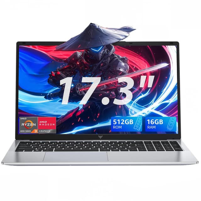 KAIGERR Gaming Laptop,17.3Inch AMD Ryzen 3 4300U (4C/4T, Beat Intel Processor N100,up to 3.7GHz) 16GB DDR4 RAM 512GB SSD Business Computer with Webcam,Type-C, 62.7Wh Battery, Numeric KB