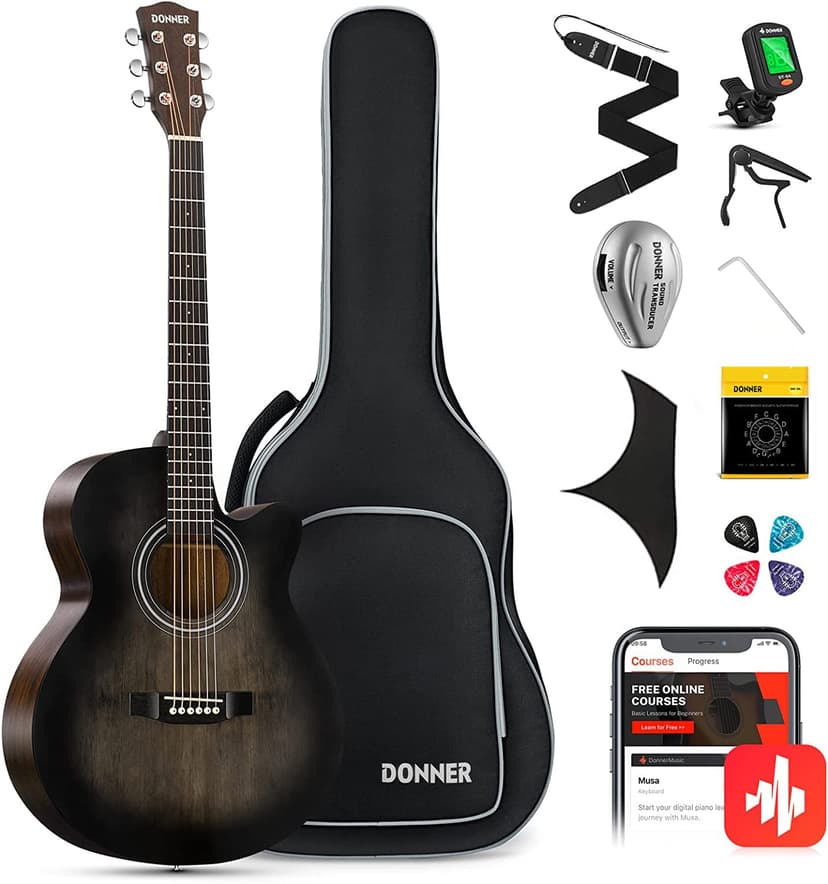 Donner Acoustic Guitar for Beginner Adult 40 Inch Cutaway Acustica Guitarra Bundle Kit with Pickup Online Lesson Bag Tuner Capo Strap Mini Jumbo Travel Teen Right Hand Black Brown DAJ-110CD