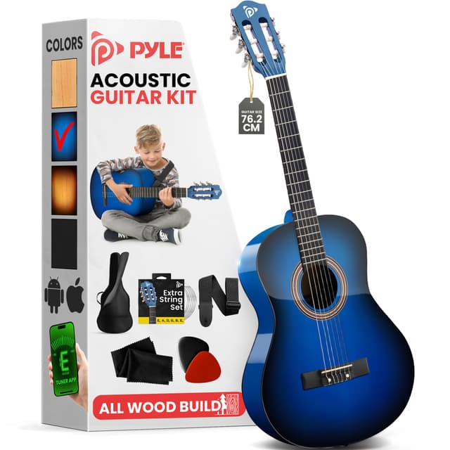 Pyle Beginner Acoustic Guitar Kit, 3/4 Junior Size All Wood Instrument with Full Accessory Kit, Picks, Shoulder Strap, Carry Case, Cleaning Cloth, Tuner App, 2 Month Lessons, 36” (Blue Burst Gloss)