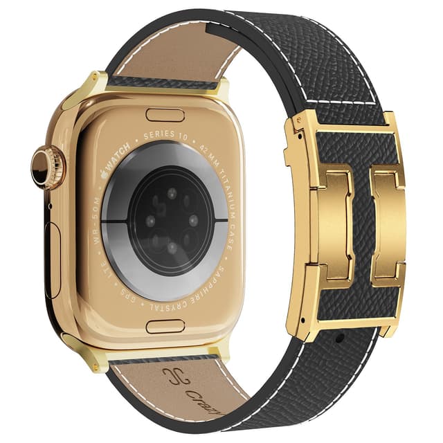 Leather Band Compatible with Apple Watch 49mm46mm45mm44mm42mm41mm 40mm38mm,Stylish Magnetic H Buckle Strap for iWatch Ultra 2/1/SE/Series 10/9/8/7/6/5/4/3/2/1 Women Men (Black Band+Gold H Buckle, 44mm45mm46mm49mm)