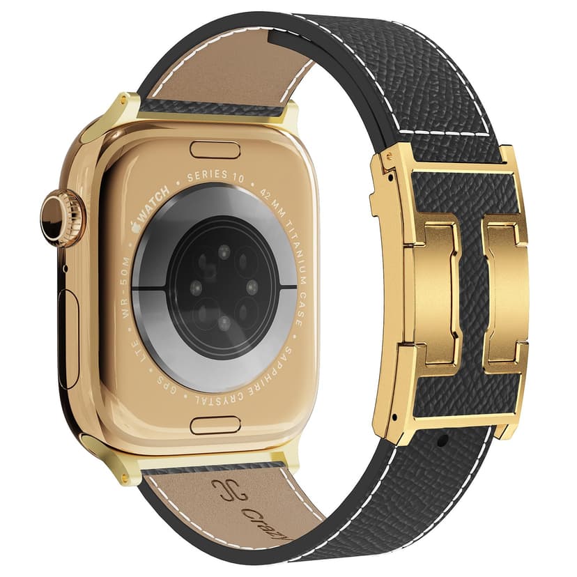 Leather Band Compatible with Apple Watch 49mm46mm45mm44mm42mm41mm 40mm38mm,Stylish Magnetic H Buckle Strap for iWatch Ultra 2/1/SE/Series 10/9/8/7/6/5/4/3/2/1 Women Men (Black Band+Gold H Buckle, 44mm45mm46mm49mm)