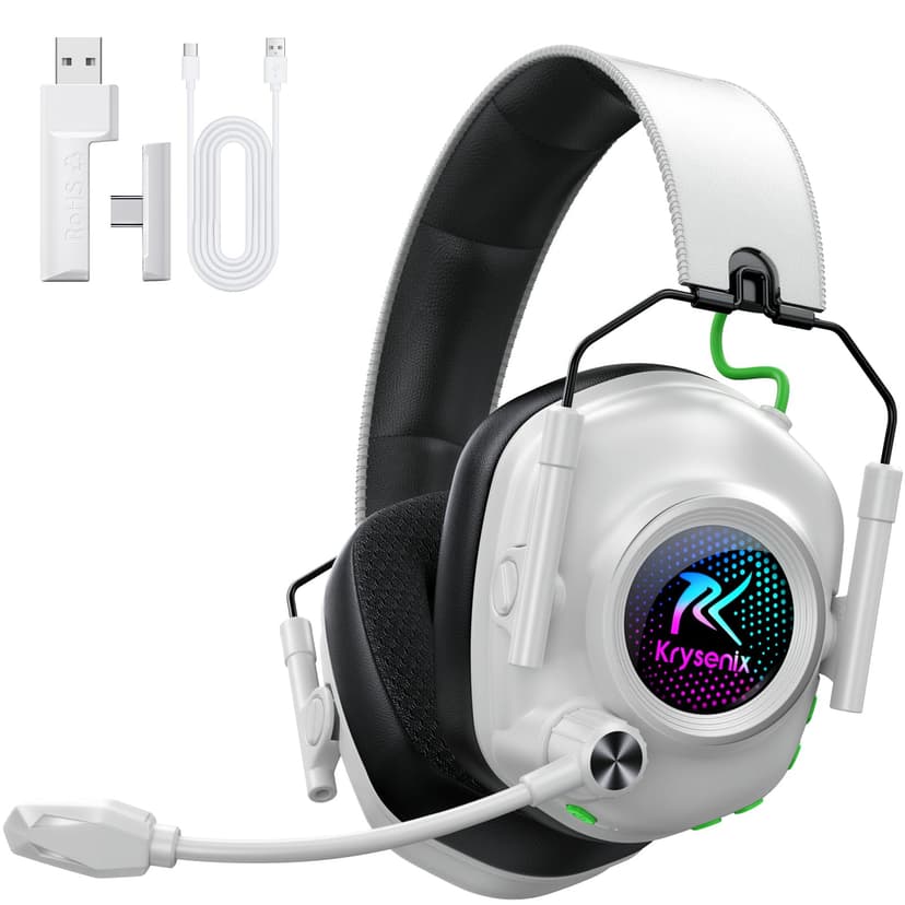 Krysenix 2.4 GHz Wireless Gaming Headset for PC, PS5, PS4, Switch, Mac, Bluetooth 5.4 Gaming Headphones with Noise Canceling Microphone, Cool RGB Lighting, 50Hr Battery, Foldable, 50mm Drivers-White