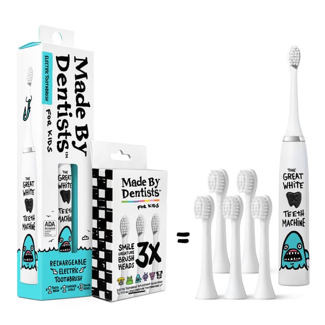 Made by Dentists Kids Electric Toothbrush - Rechargeable Vibrating Toothbrush with Timer, Includes 6 Replacement Heads, Gently Cleans Teeth, Kid & Toddlers Age 2+, Shark