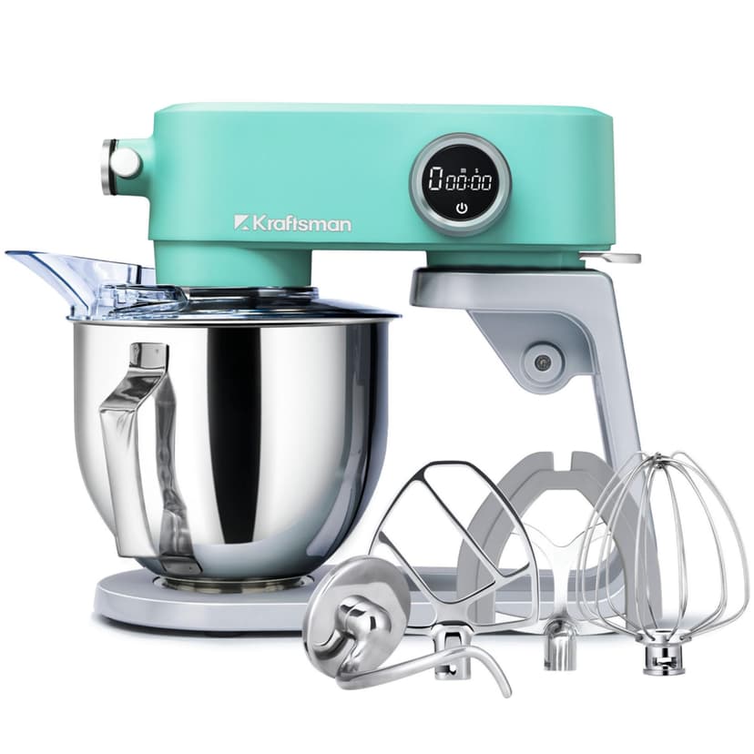 Kraftsman All-Metal Stand Mixer 5.3-Quart - Professional Kitchen Electric Food Mixer with Stainless Steel Mixing Bowl & Attachments for Baking, Dough & Cake, 8-Speed Control & Timer (Blue)