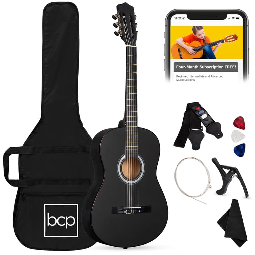 Best Choice Products 38in Beginner All Wood Acoustic Guitar Starter Kit w/Gig Bag, 6 Picks, Nylon Strings, Strap w/Pick Holder - Matte Black