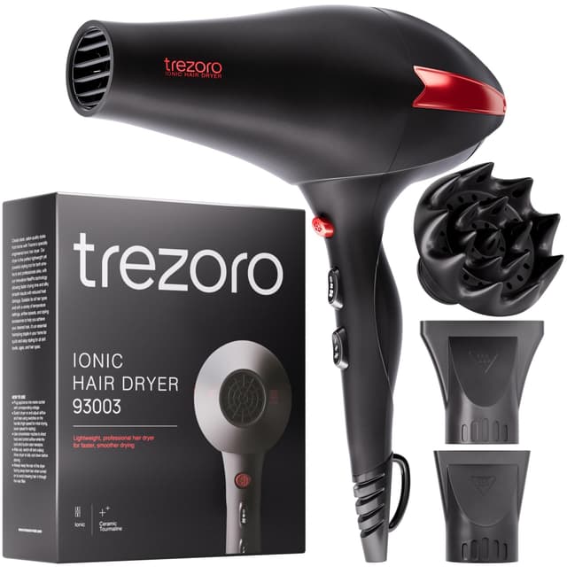 TREZORO Professional Hair Dryer with Diffuser, Ionic Ceramic Tourmaline Technology, 2000W Fast Quiet Drying, With Narrow & Wide Concentrator Nozzles, 3 Heat & 2 Speed Settings, Cool Shot Button, Black