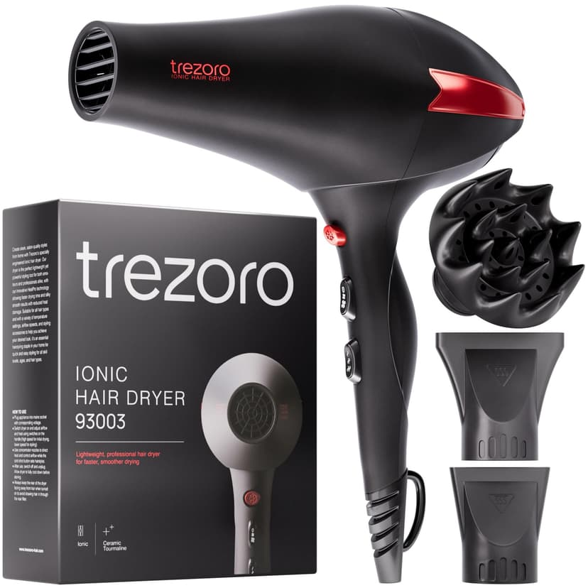 TREZORO Professional Hair Dryer with Diffuser, Ionic Ceramic Tourmaline Technology, 2000W Fast Quiet Drying, With Narrow & Wide Concentrator Nozzles, 3 Heat & 2 Speed Settings, Cool Shot Button, Black