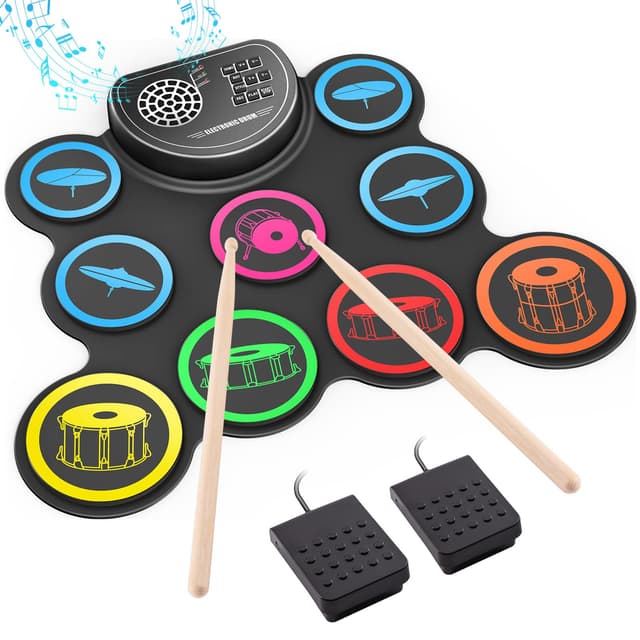 Sboet Electronic Drum Set, 9-Drum Practice Pad with Headphone Jack, Roll-up Drum Kit Machine with Built-in Speaker Drum Pedals and Sticks 10 Hours Playtime, Great Christmas for Kids