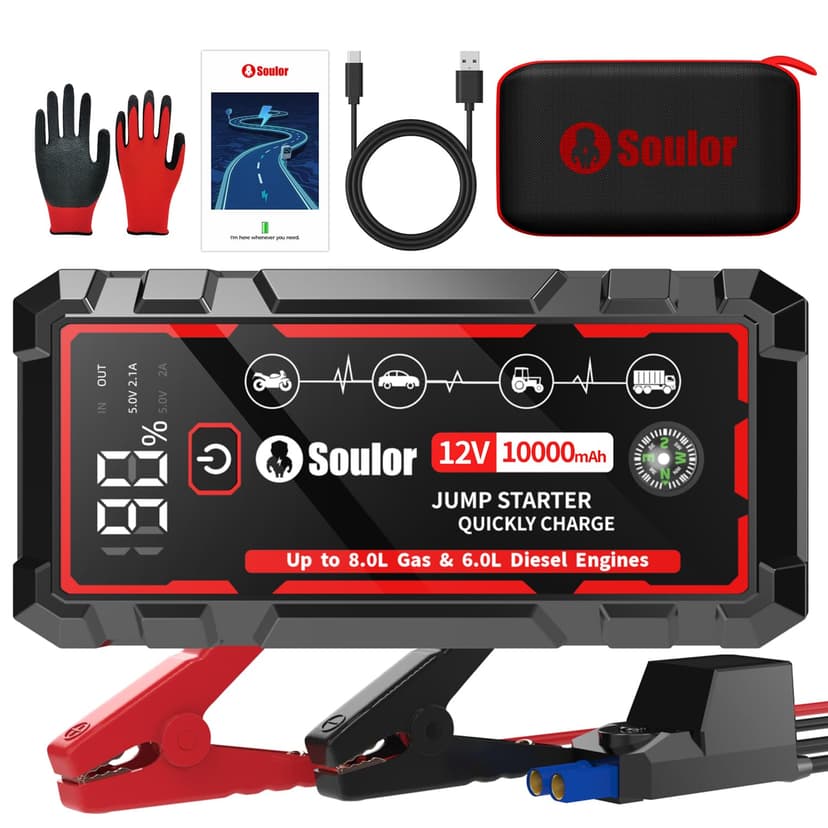 9 in 1 Jump Starter, 12V Jump Box Car Battery Jumper Starter Portable with 14 in 1 Protection Jumper Cables, LED Lights, LCD Display, Insulated Gloves