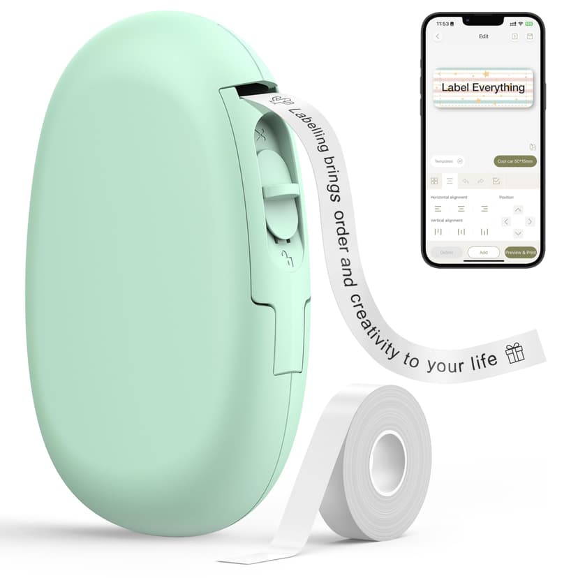 SUPVAN E10 Bluetooth Label Maker Machine with Tape, Continuous Waterproof Label, Versatile App with 35 Fonts and 1k+ Icons, Label Printer for Home, Kitchen, School, Office Organization, Green