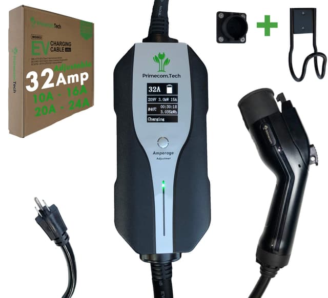 Primecom.Tech Level 2 Electric Vehicle (EV) Charger Amperage Adjustable (10Amp - 16Amp - 20Amp - 24Amp - 32Amp) 30Ft Cable EVSE Plug-in Hybrid (30 FT, 5-15P 120v)