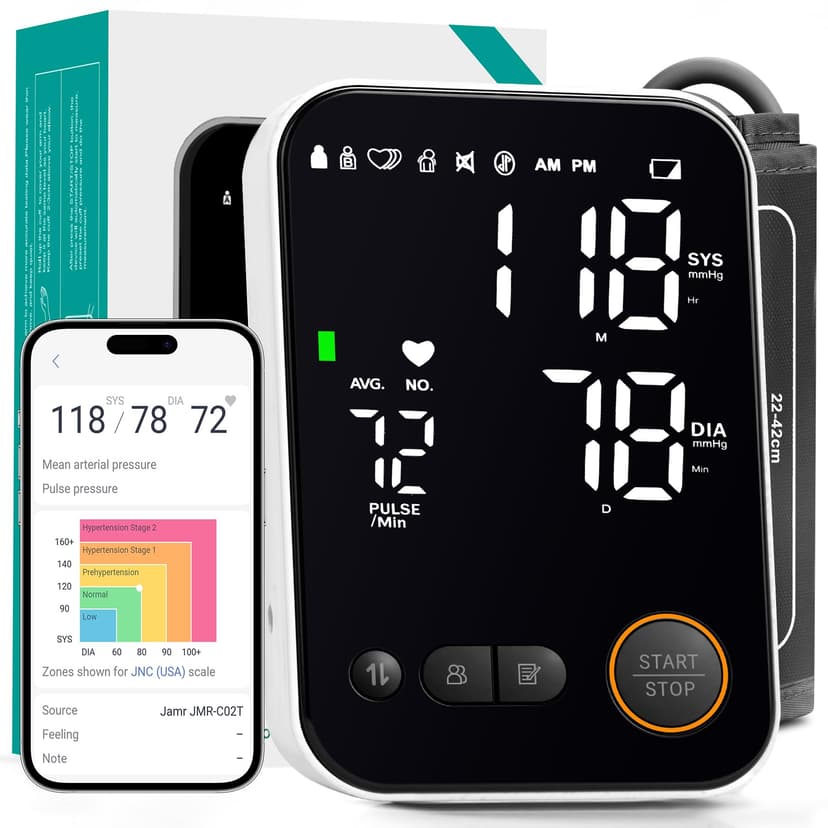 Blood Pressure Monitor Upper Arm - Bluetooth iOS & Android Compatible One-Button Operation Voice Broadcast Large LED Display Backlit 2x120 Memory Adjustable Cuff 8.7"-16.5" with Storage Bag Black